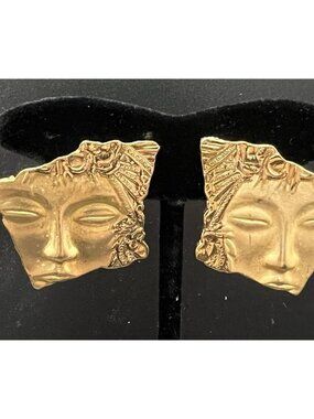 Vintage JJ Jonette Goddess Face Abstract Gold Tone Pierced Earrings 1.25"